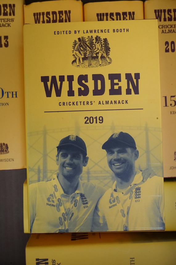 Wisden Cricketers' Almanack, 1995-2021, (27 vols.) many photo illus. (incl. coloured plates), adverts.; publisher's gilt lettered cloth (or faux leather), d/wrappers